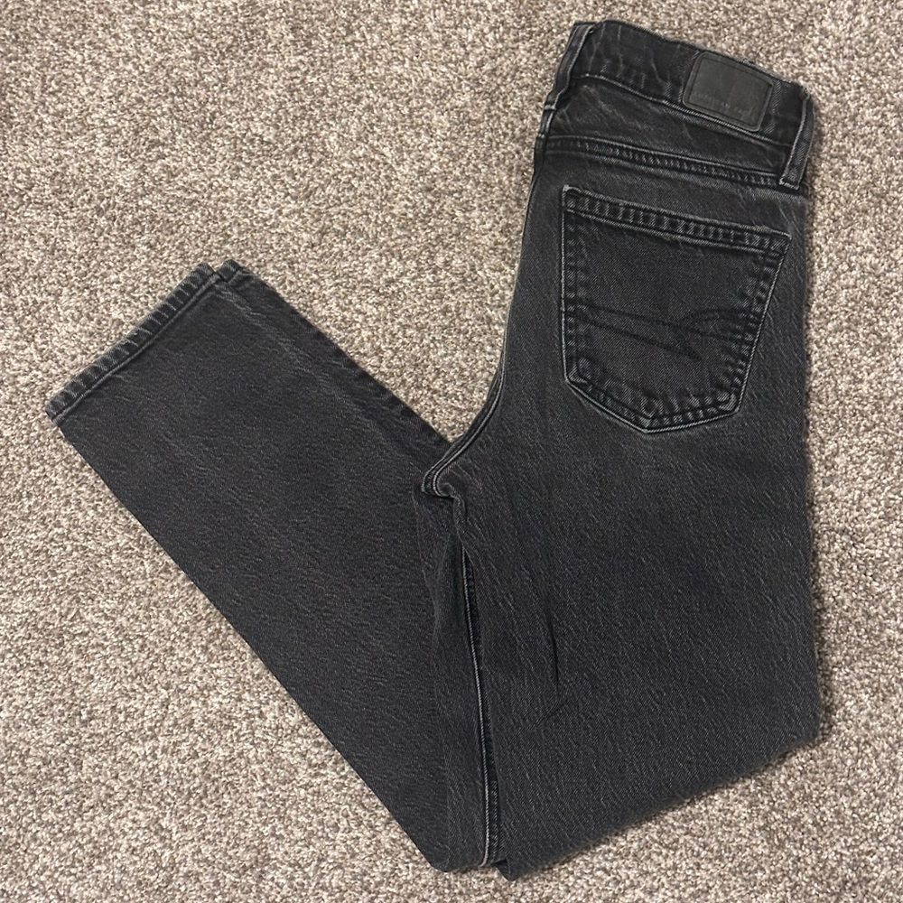 American Eagle Girls Black Denim Super High Rise Ankle Straight Jeans